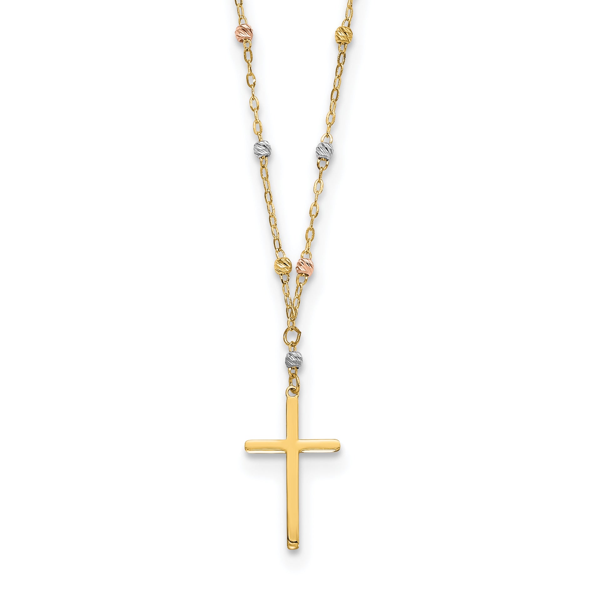 14K Tri-Color Diamond-Cut Beaded Polished Cross Necklace
