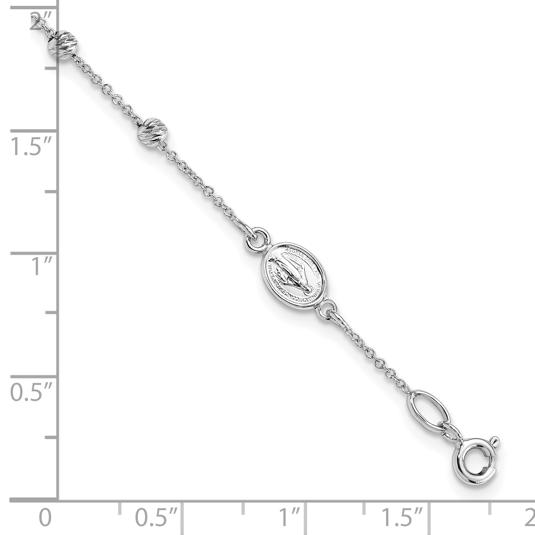 14K White Gold D/C Cross And Miraculous Medal .75In Ext. Bracelet