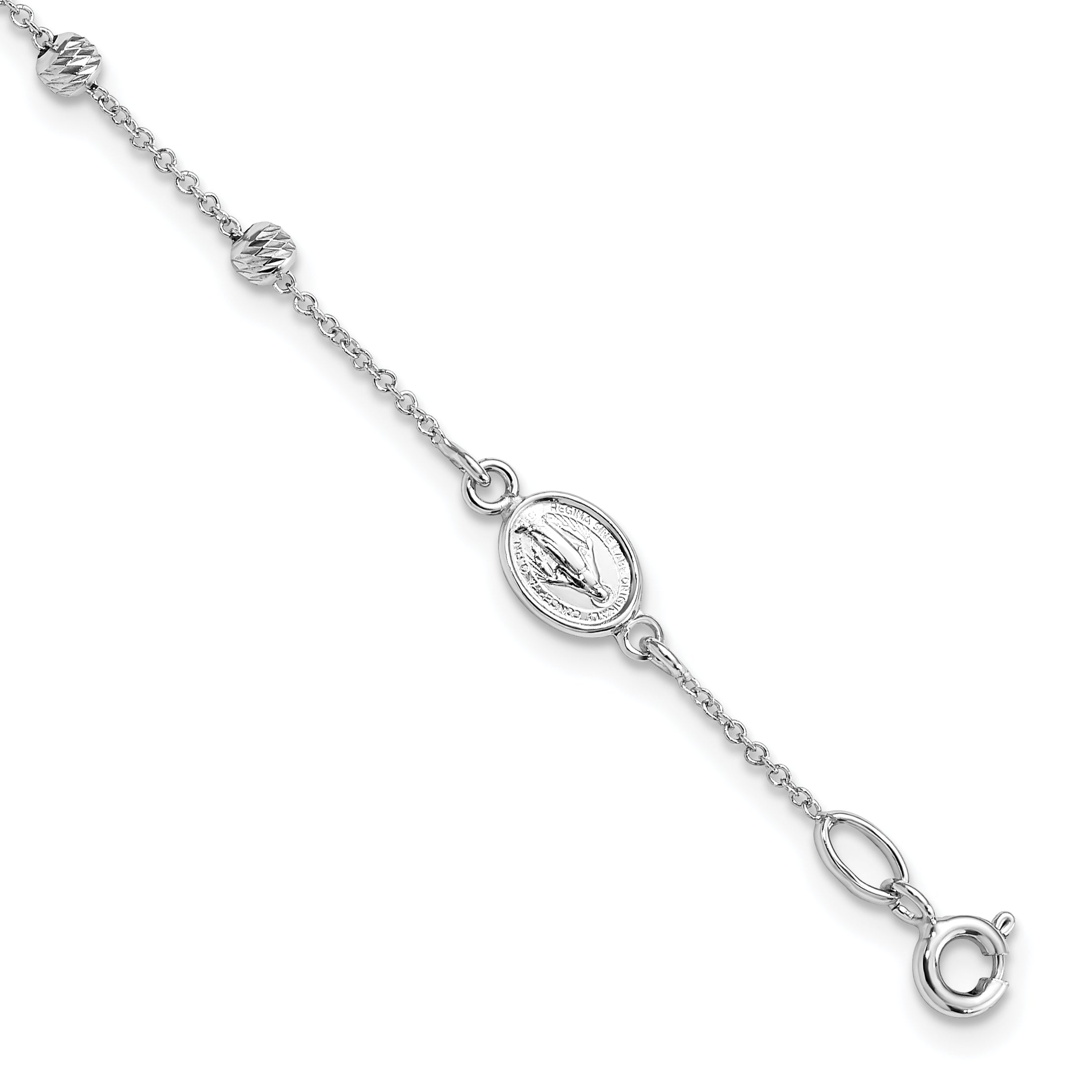 14K White Gold D/C Cross And Miraculous Medal .75In Ext. Bracelet