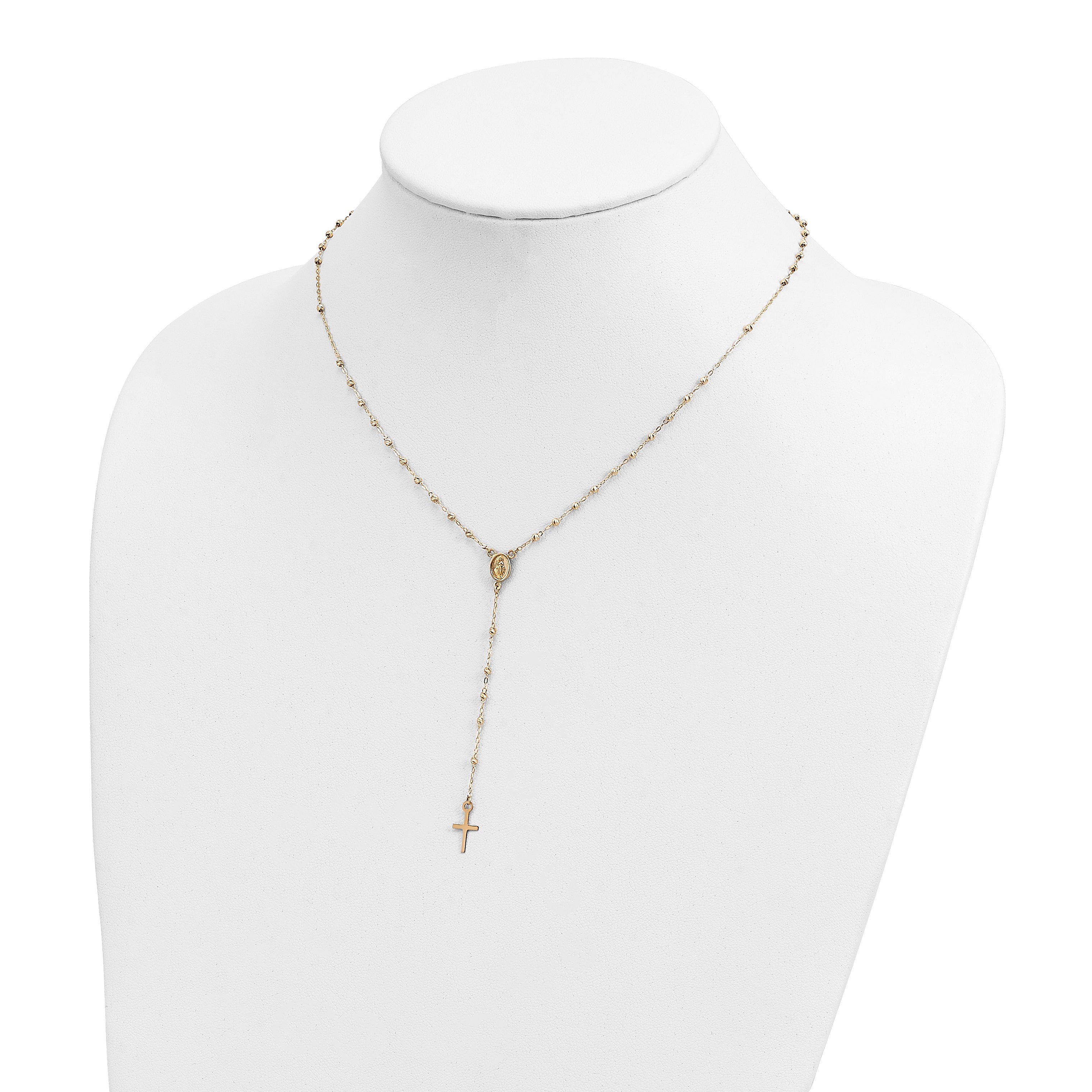 14K Gold Polished & D/C W/3In Ext. Rosary Necklace