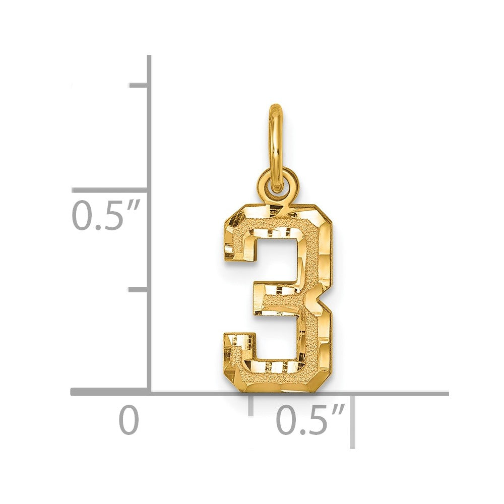 14k Small Brushed Diamond-cut Number 3 Charm
