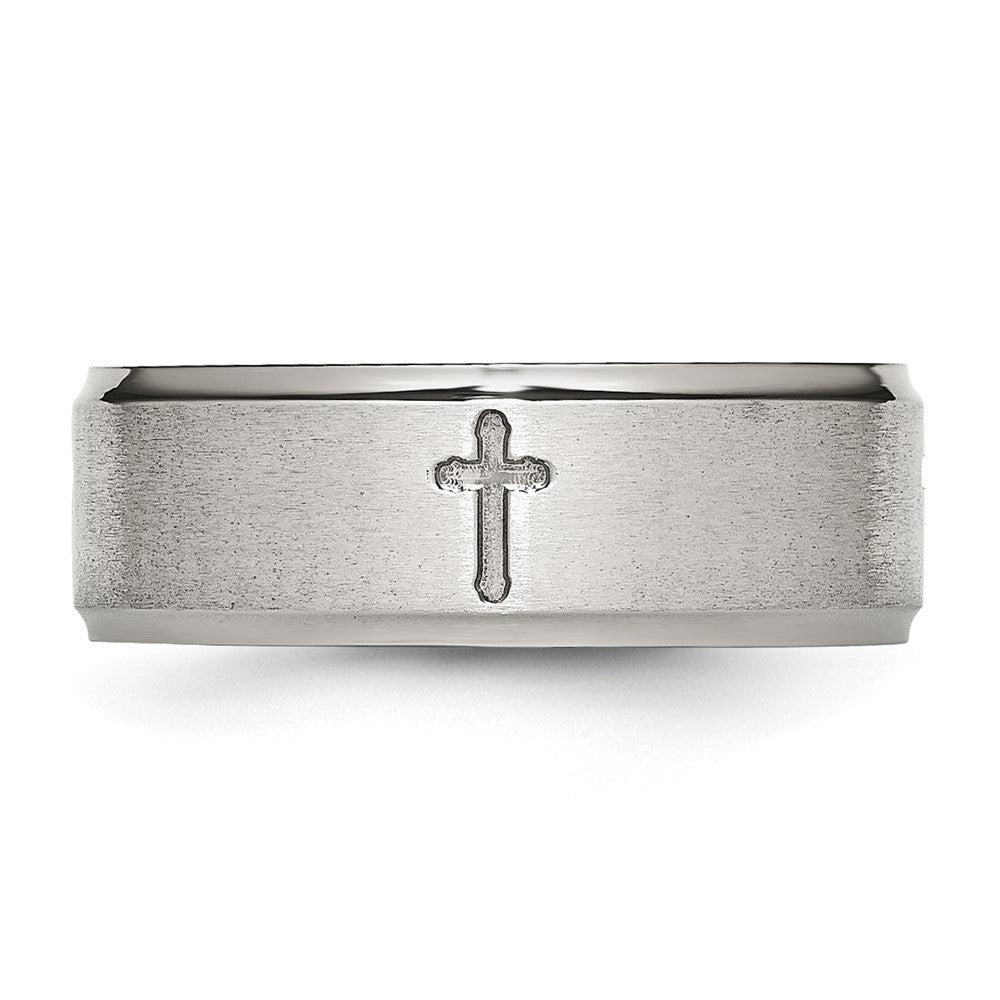 Chisel Stainless Steel Brushed and Polished Cross 8mm Ridged Edge Band