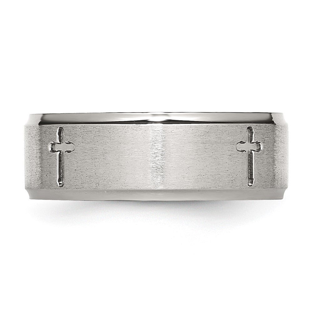Chisel Stainless Steel Brushed and Polished Cross 8mm Ridged Edge Band