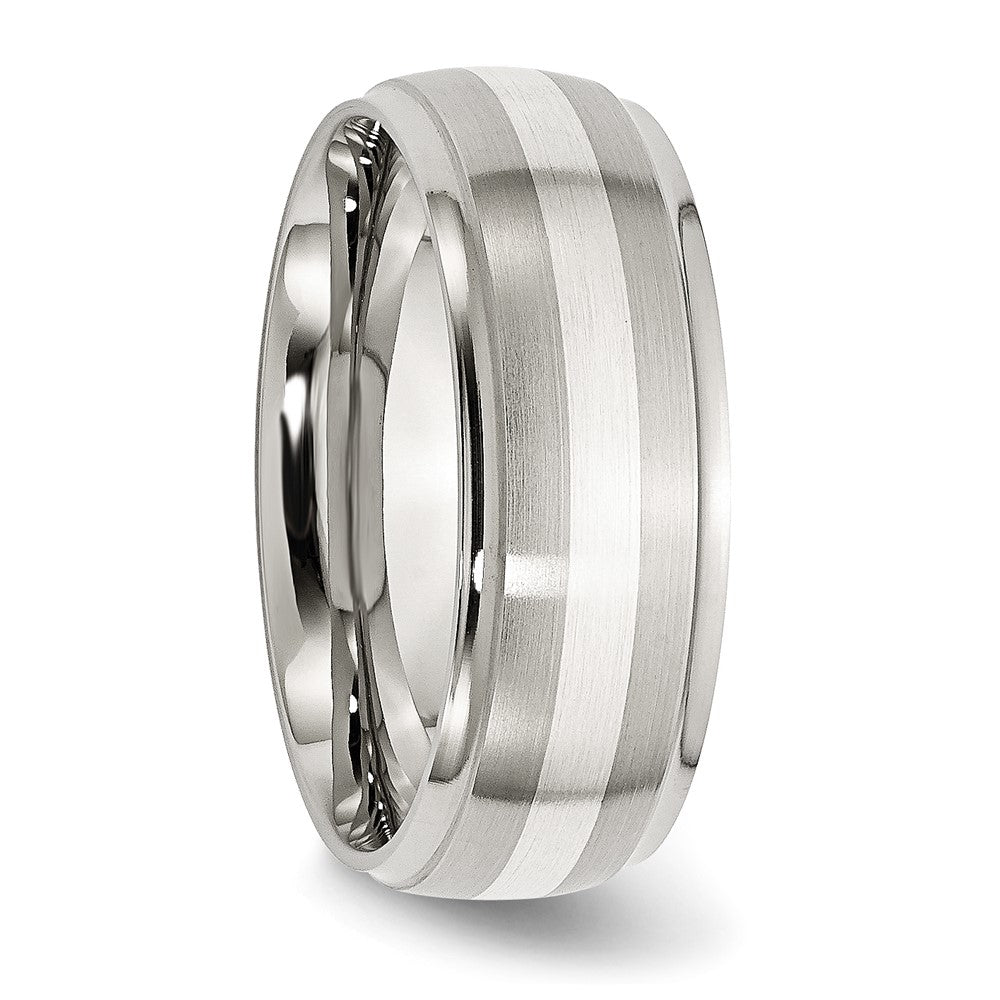 Chisel Stainless Steel Sterling Silver Inlay Brushed and Polished 8mm Ridged Edge Band