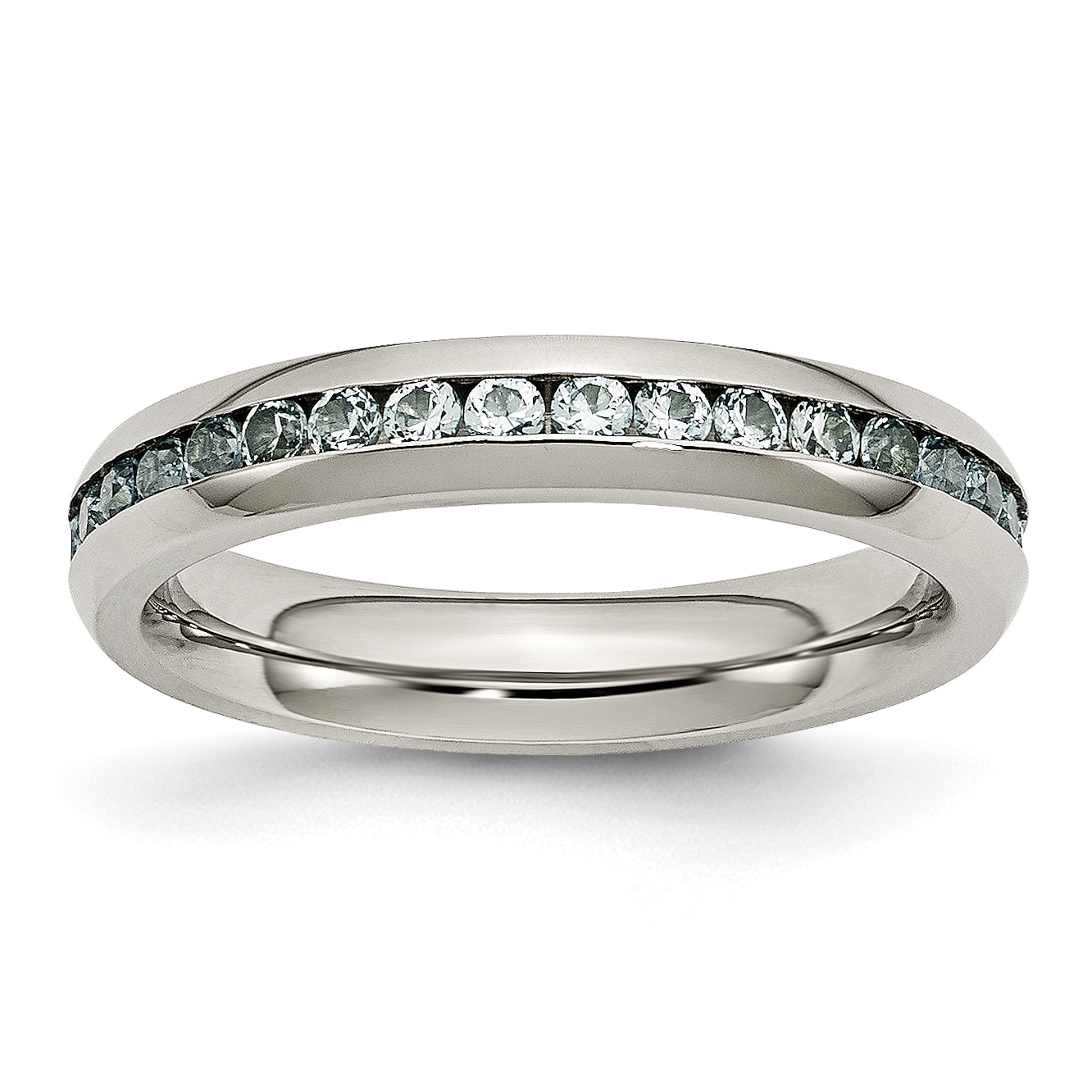 Chisel Stainless Steel Polished 4mm March Light Blue CZ Ring