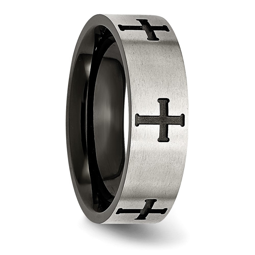Chisel Stainless Steel Brushed and Polished Black IP-plated Crosses 7mm Band