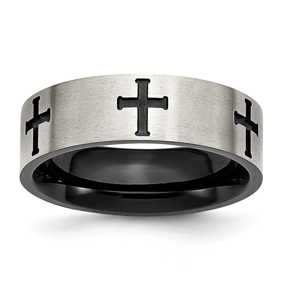 Chisel Stainless Steel Brushed and Polished Black IP-plated Crosses 7mm Band