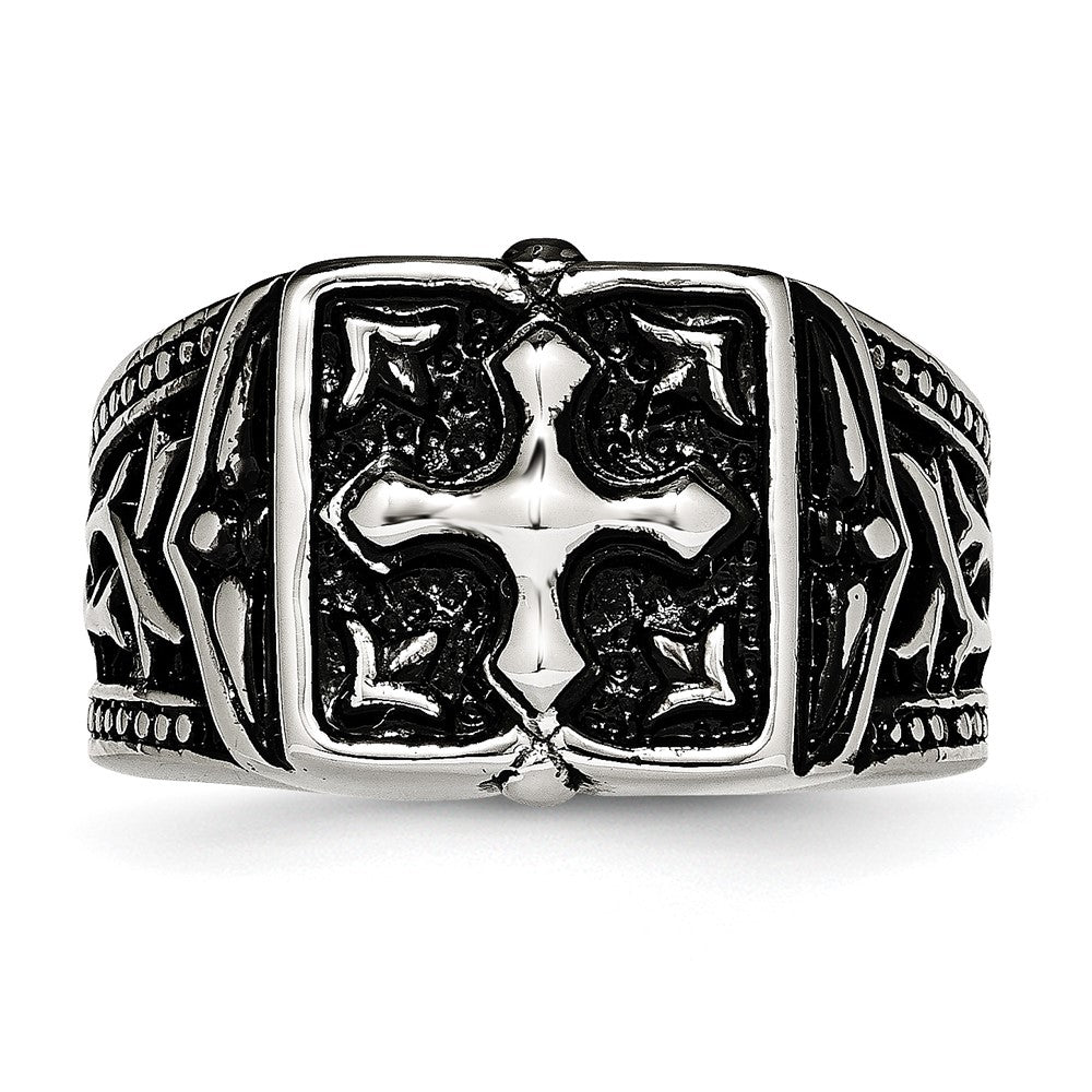 Chisel Stainless Steel Antiqued Polished and Textured Cross Ring