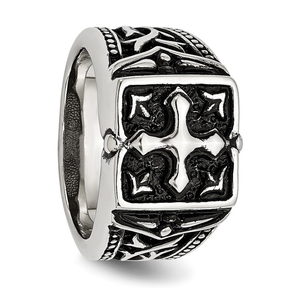 Chisel Stainless Steel Antiqued Polished and Textured Cross Ring