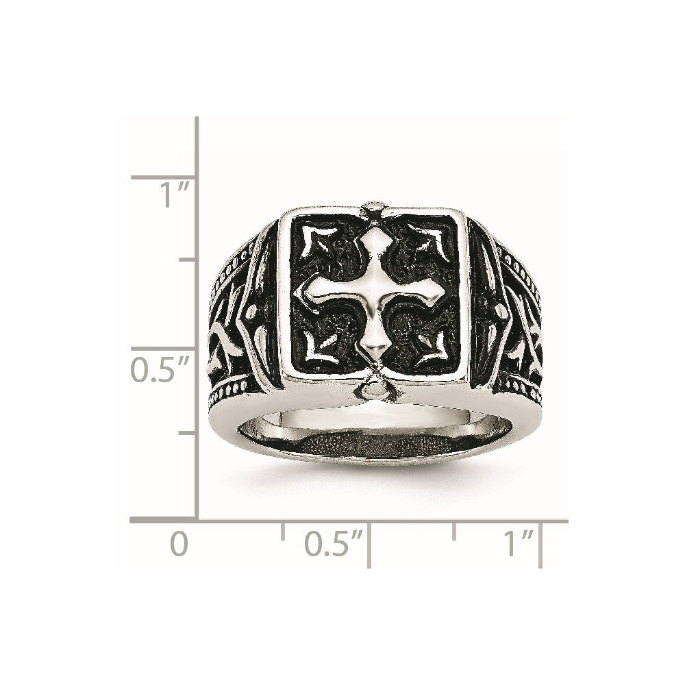 Chisel Stainless Steel Antiqued Polished and Textured Cross Ring