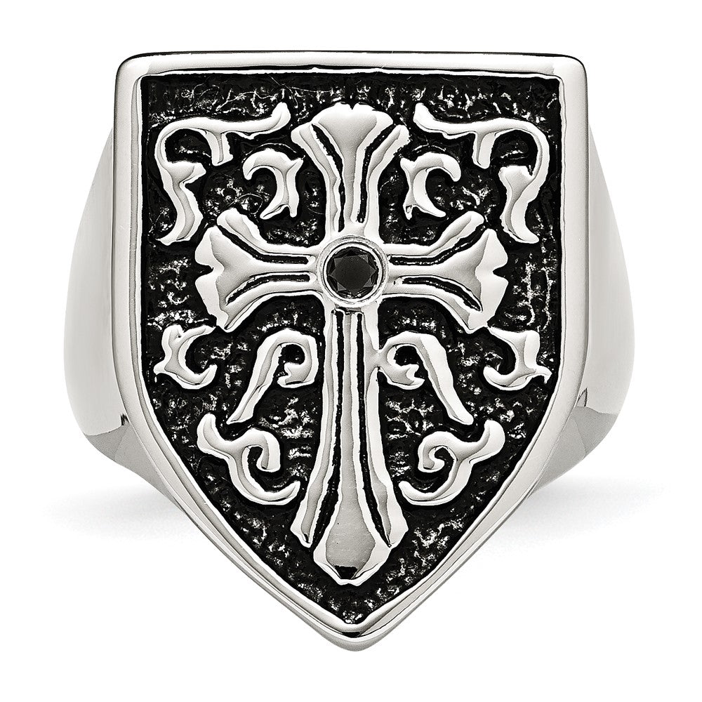 Chisel Stainless Steel Antiqued and Polished 1/20 Carat Black Diamond Shield Ring