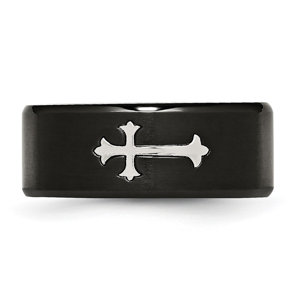 Chisel Stainless Steel Brushed Black IP-plated with Cross 9mm Band