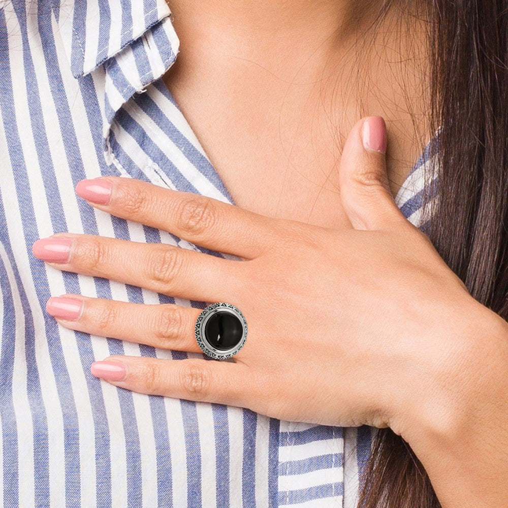 Stainless Steel Black Glass w/Textured Edge Size 8 Ring