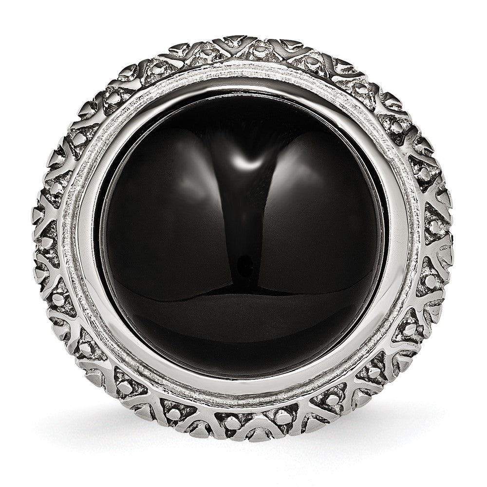 Stainless Steel Black Glass w/Textured Edge Size 8 Ring