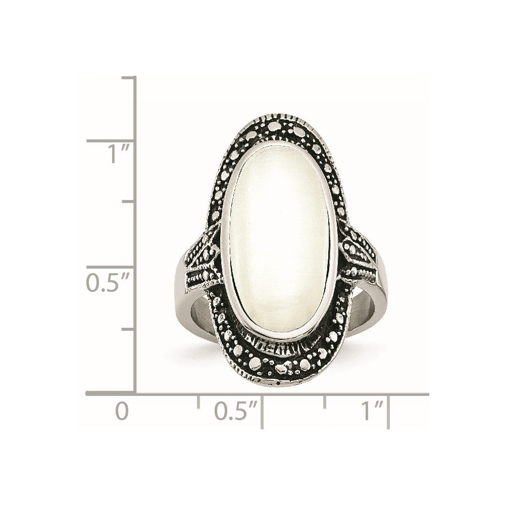 Stainless Steel Antiqued & White Cat's Eye Size 8 Ring