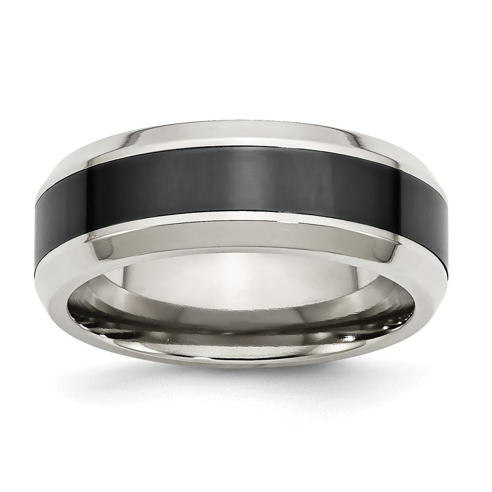 Chisel Stainless Steel Base with Polished Black Ceramic Center Beveled Band