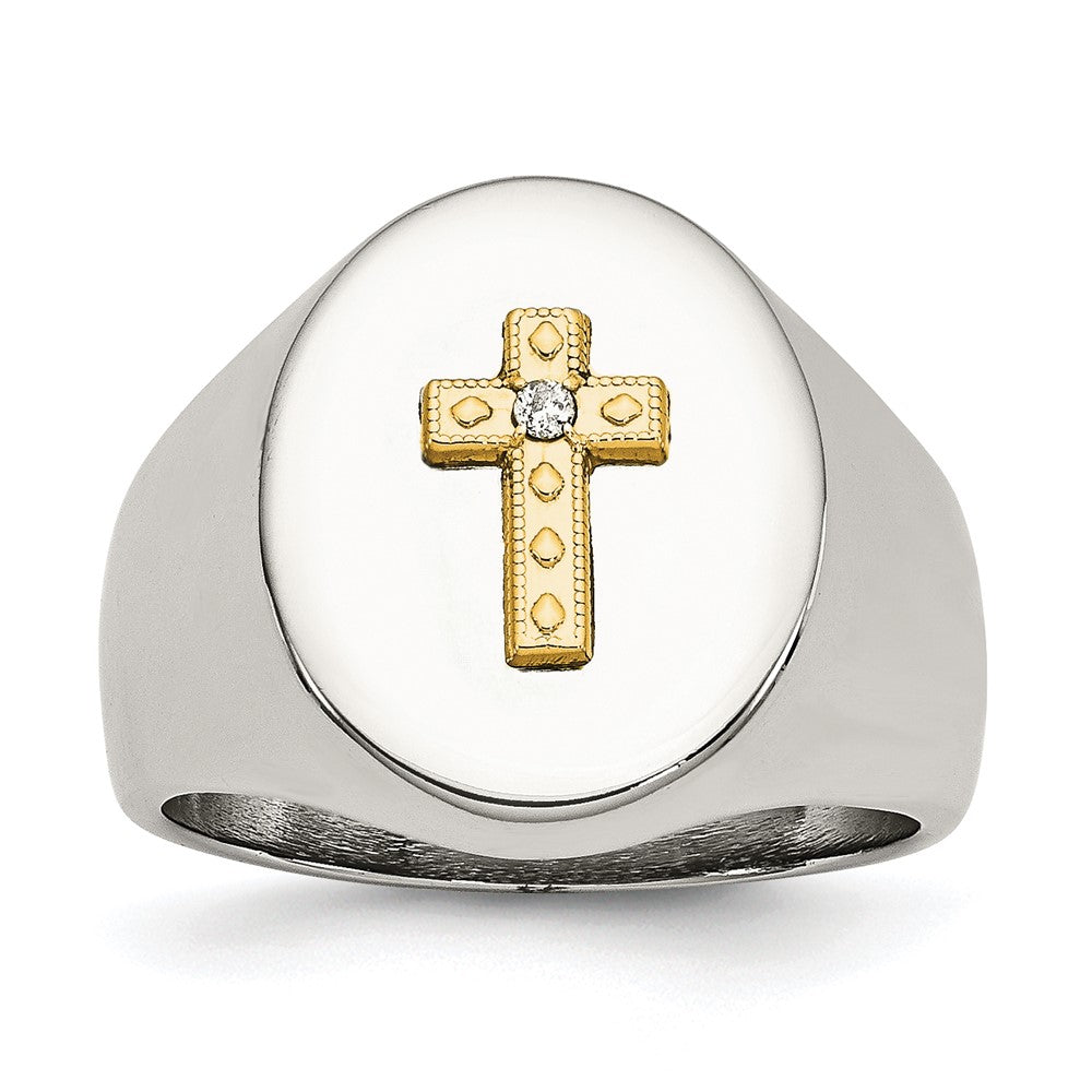 Chisel Stainless Steel Polished with 10K Gold Cross and .02 Carat Diamond Ring