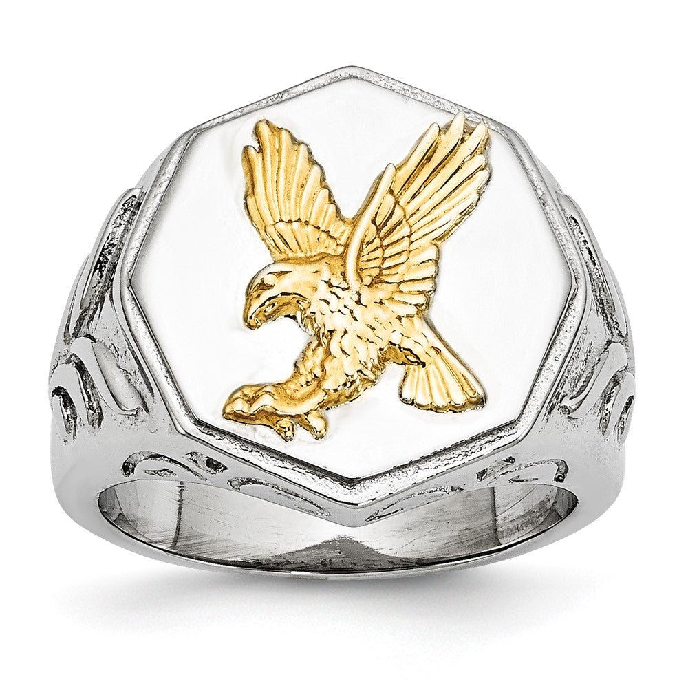 Chisel Stainless Steel Polished Yellow IP-plated with Sterling Silver Eagle Ring