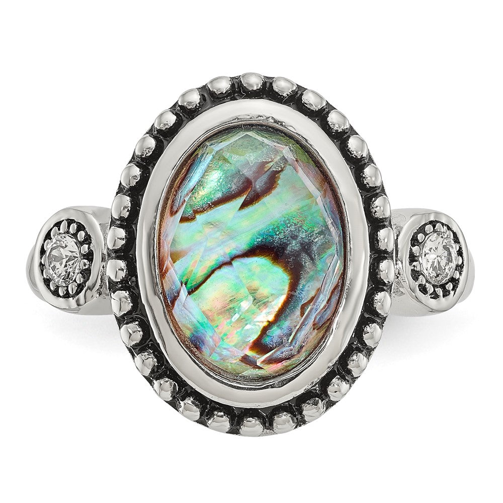 Chisel Stainless Steel Antiqued and Polished Imitation Abalone and CZ Ring