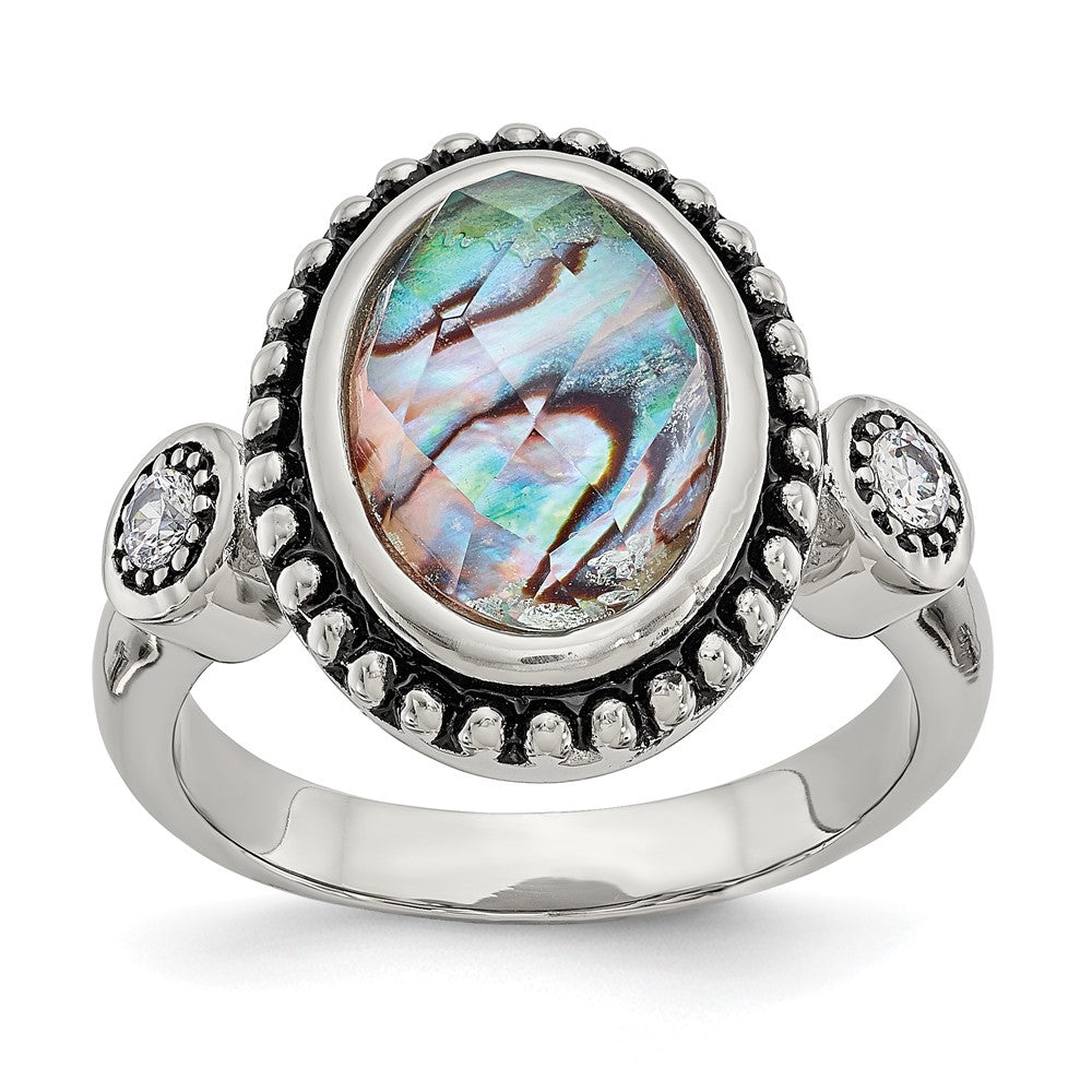 Chisel Stainless Steel Antiqued and Polished Imitation Abalone and CZ Ring
