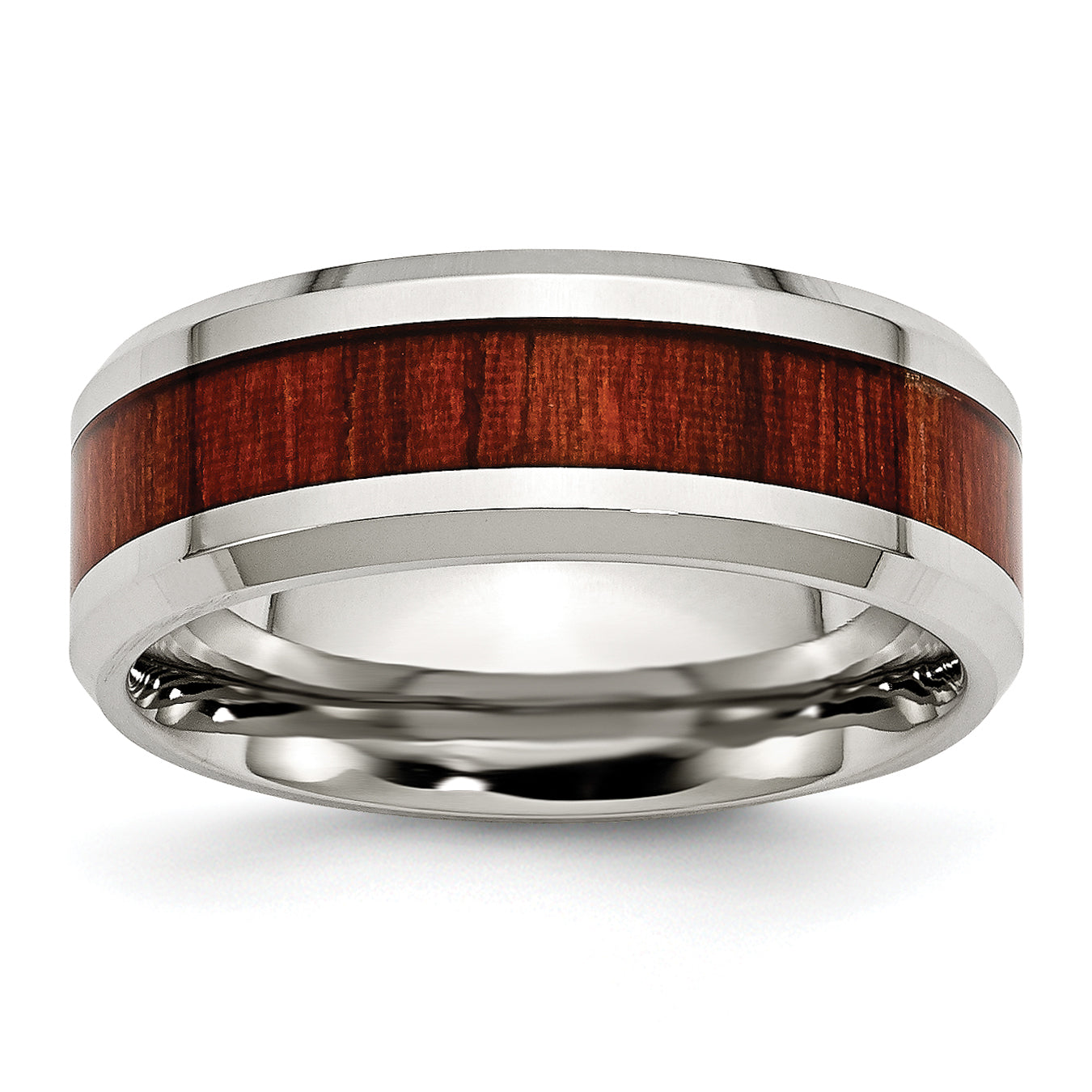 Chisel Stainless Steel Polished with Red Koa Wood Inlay Enameled 8mm Band