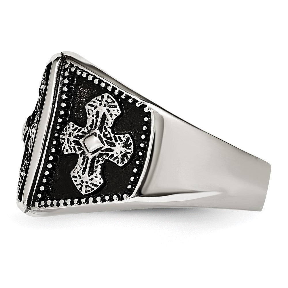 Chisel Stainless Steel Antiqued Polished and Textured Cross Ring