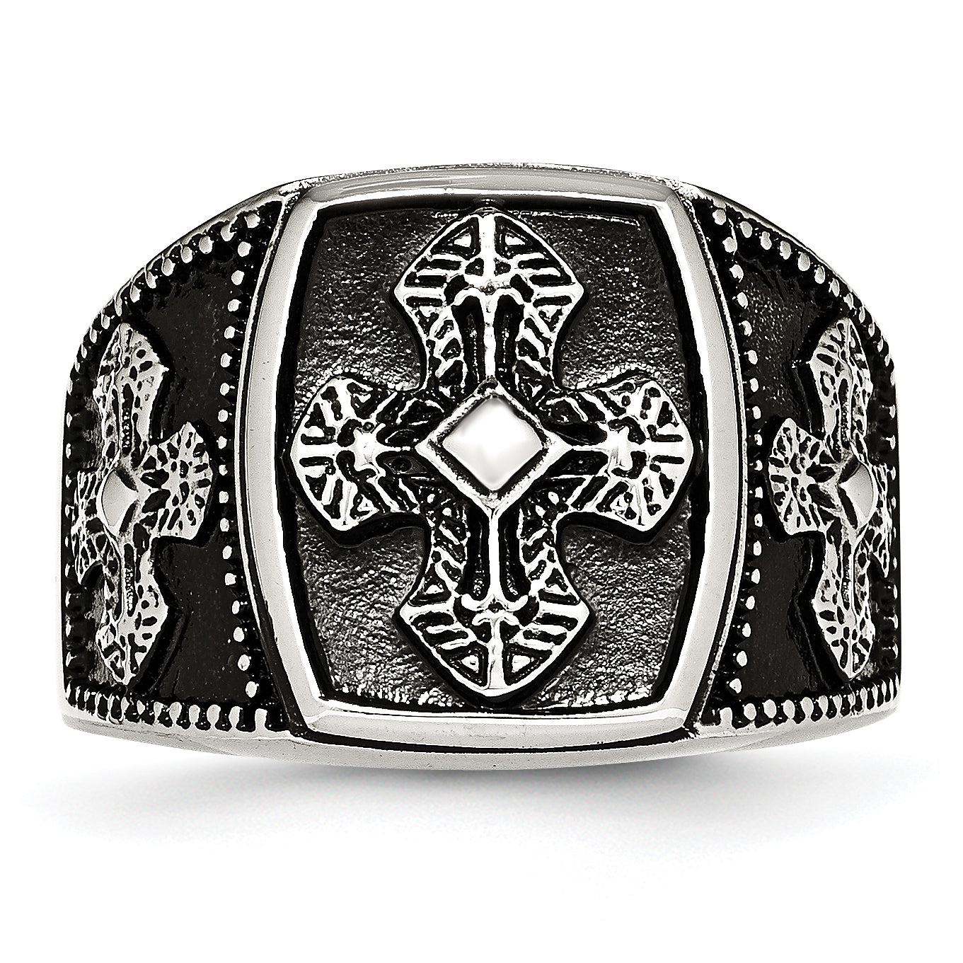 Chisel Stainless Steel Antiqued Polished and Textured Cross Ring