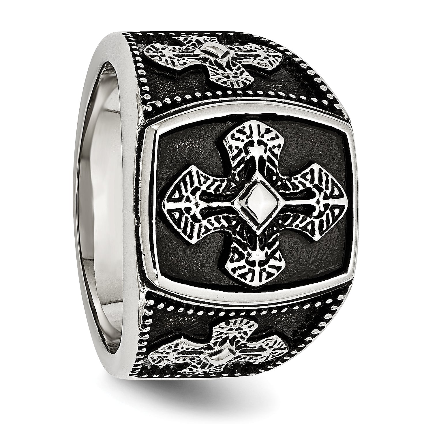 Chisel Stainless Steel Antiqued Polished and Textured Cross Ring