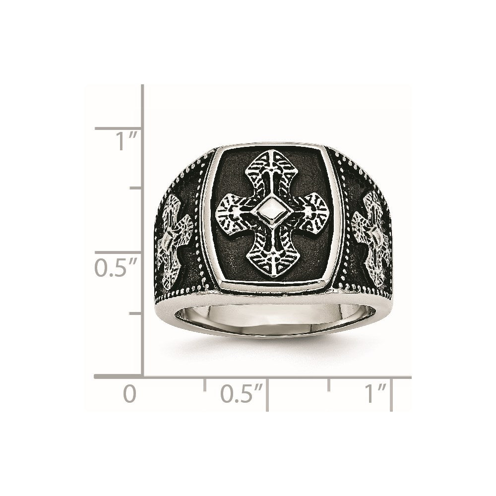 Chisel Stainless Steel Antiqued Polished and Textured Cross Ring