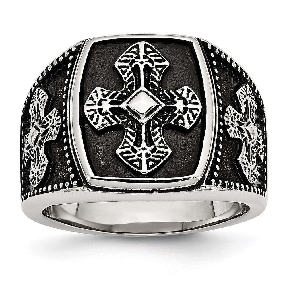 Chisel Stainless Steel Antiqued Polished and Textured Cross Ring