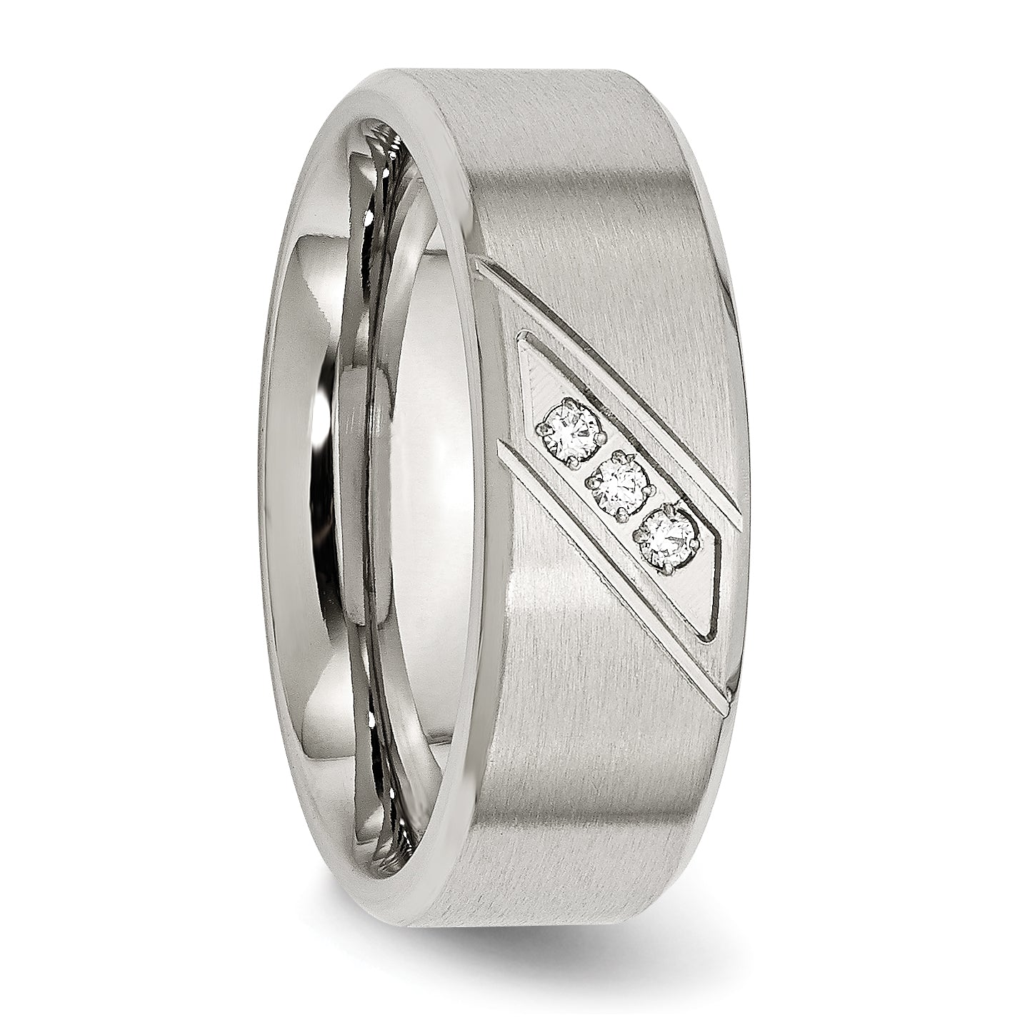 Chisel Stainless Steel Brushed and Polished with CZ 8mm Beveled Edge Band