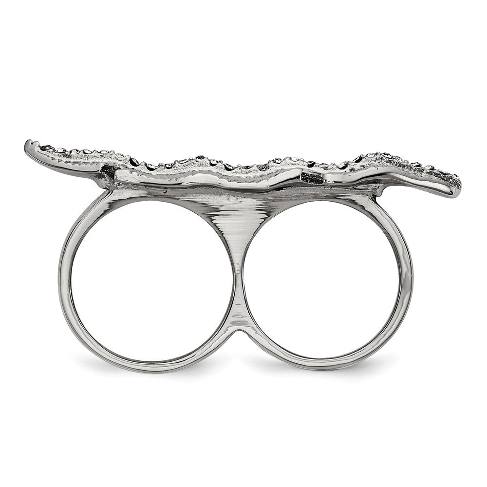 Stainless Steel Polished & Antiqued Leaf Two Finger 7/8 Crystal Ring