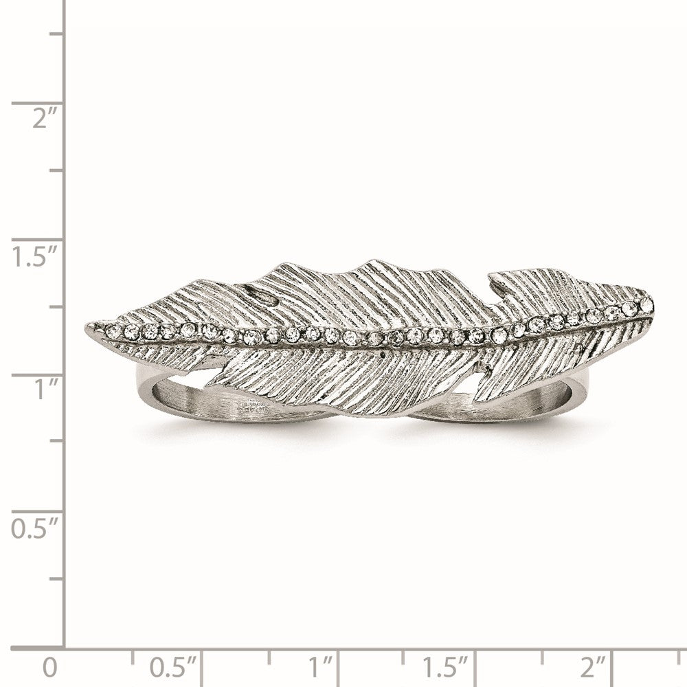 Stainless Steel Polished & Antiqued Leaf Two Finger 7/8 Crystal Ring