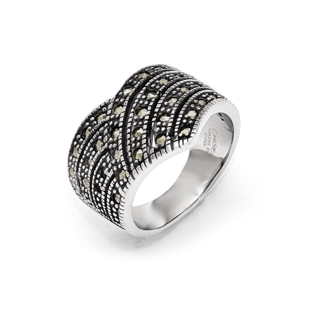 Stainless Steel Polished and Antiqued Marcasite Ring