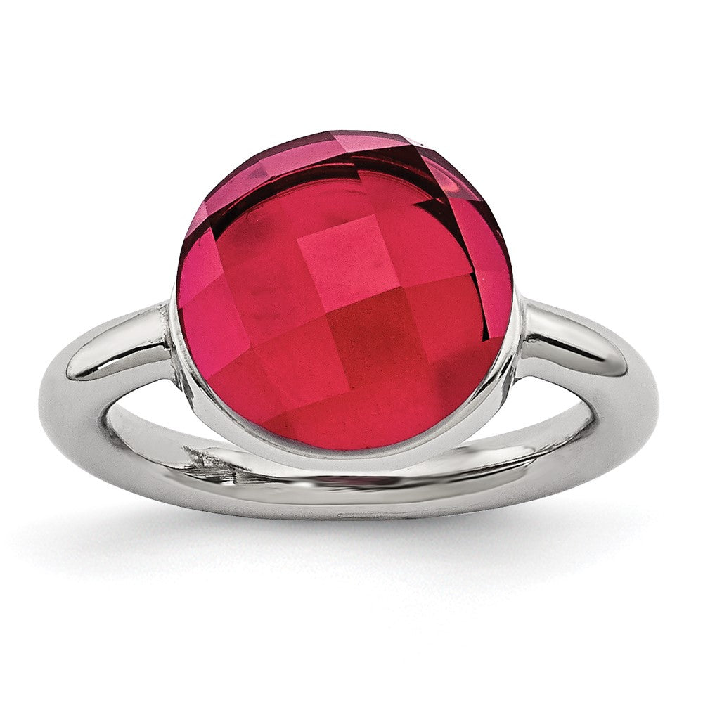 Stainless Steel Polished Red Glass Ring