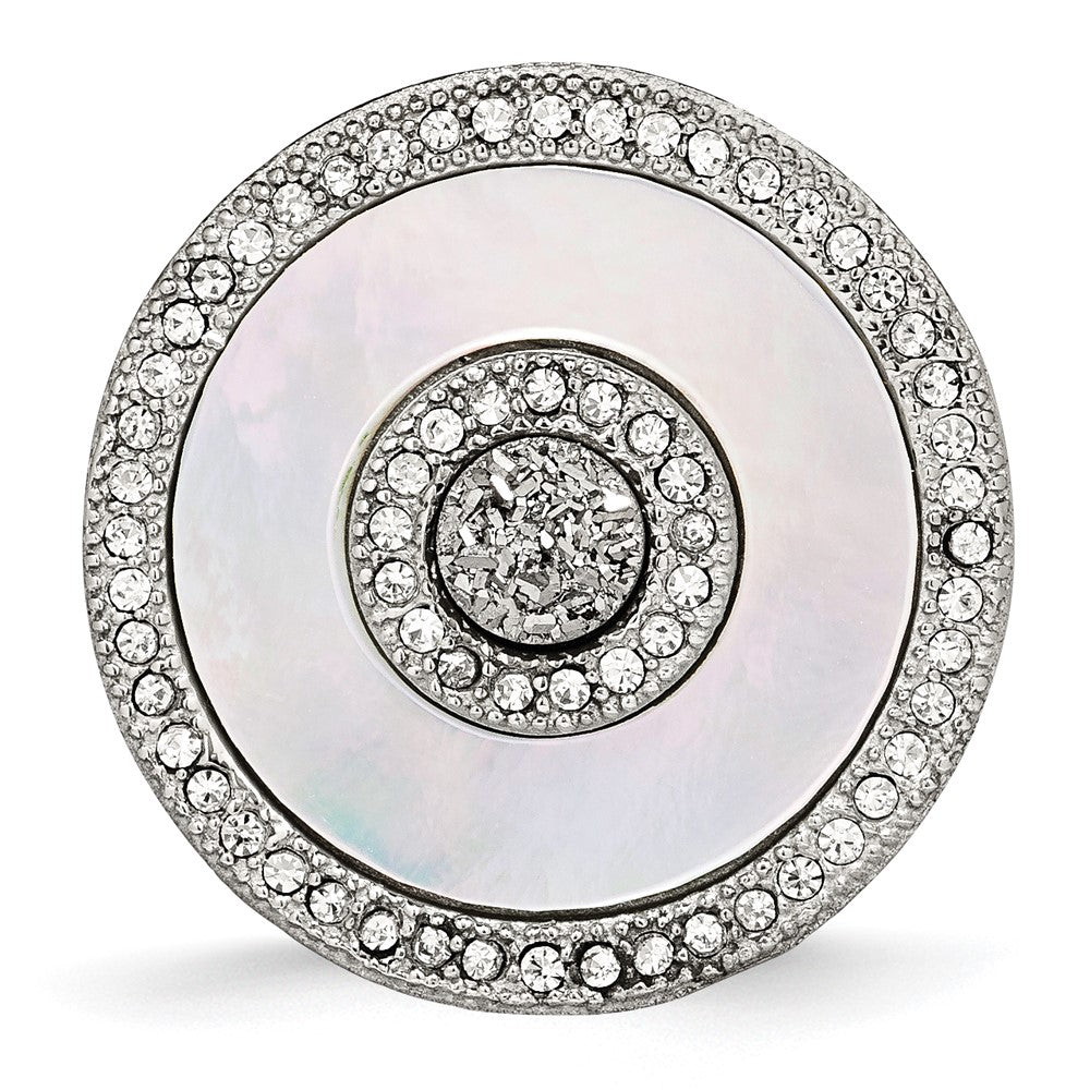 Stainless Steel Polished Mother of Pearl/Druzy Quartz and Crystal Ring