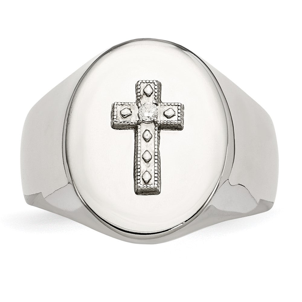 Chisel Stainless Steel Polished with Sterling Silver Cross and CZ Signet Ring