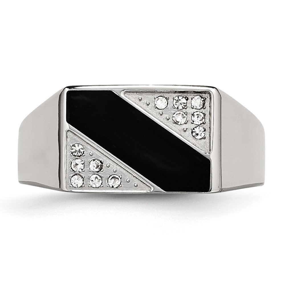 Chisel Stainless Steel Polished Black Enameled CZ Signet Ring