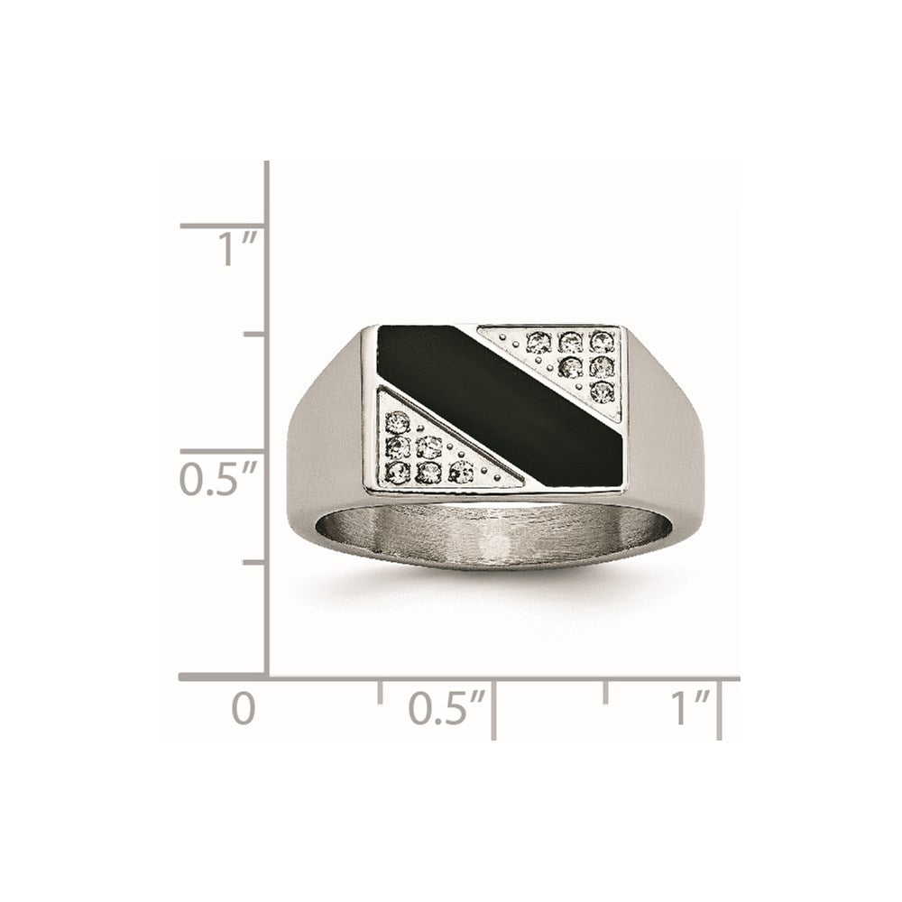 Chisel Stainless Steel Polished Black Enameled CZ Signet Ring