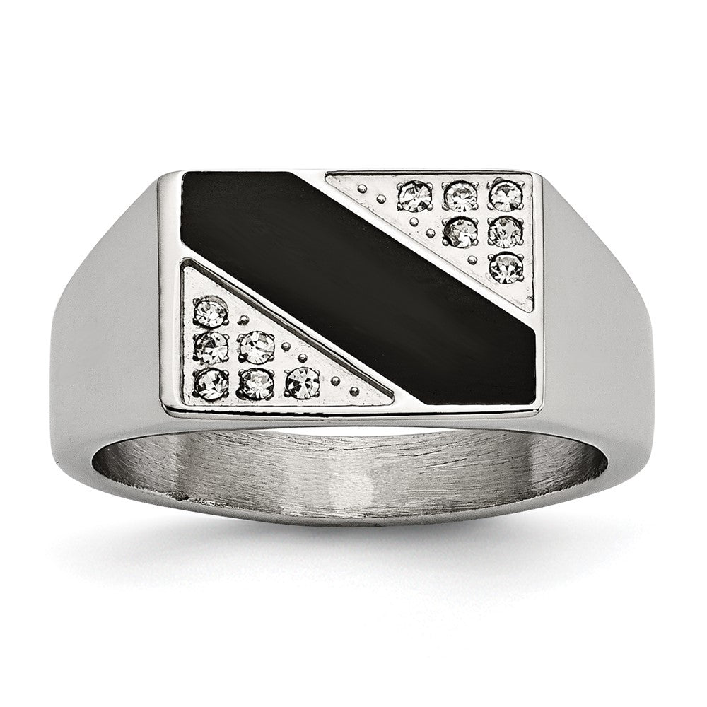Chisel Stainless Steel Polished Black Enameled CZ Signet Ring