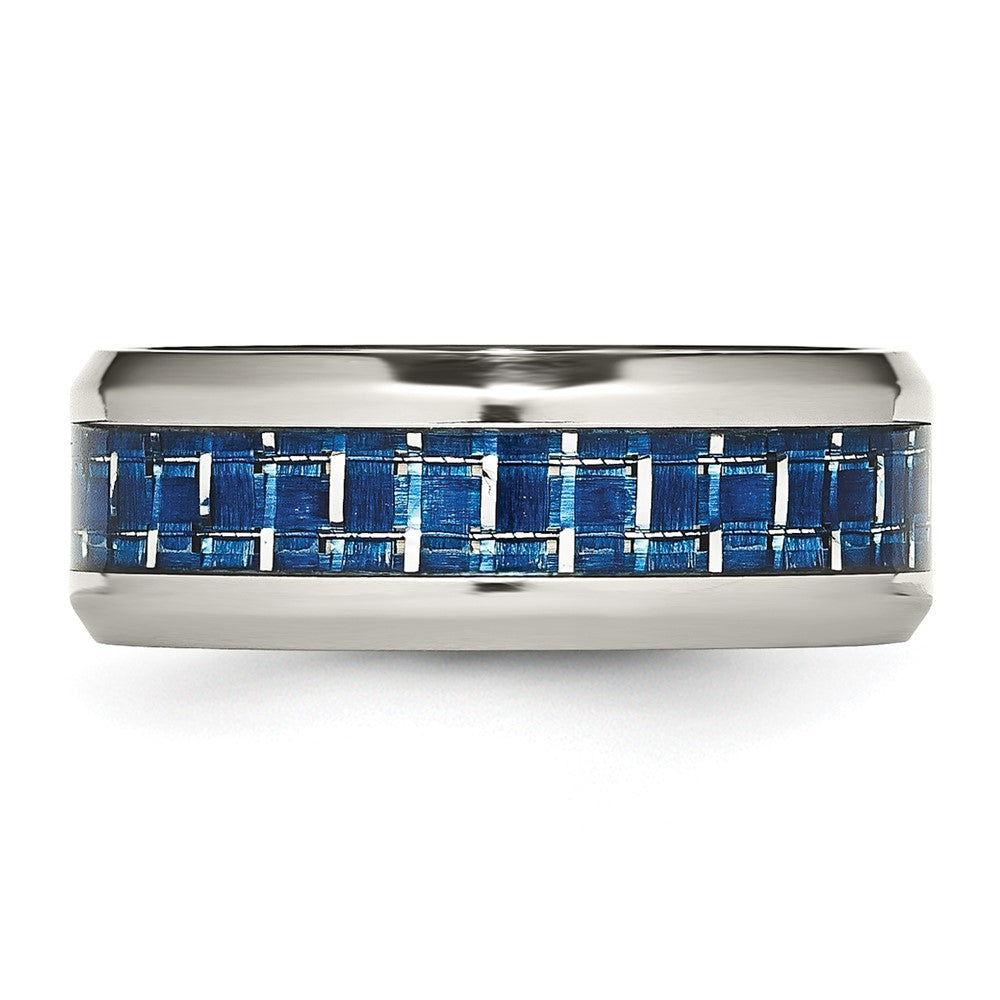 Chisel Stainless Steel Polished with Blue Carbon Fiber Inlay 8mm Beveled Edge Band