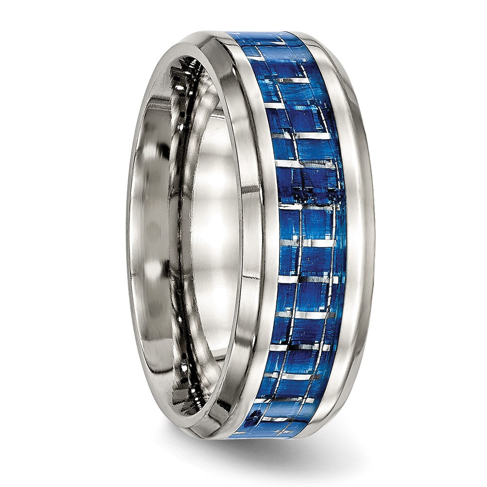 Chisel Stainless Steel Polished with Blue Carbon Fiber Inlay 8mm Beveled Edge Band