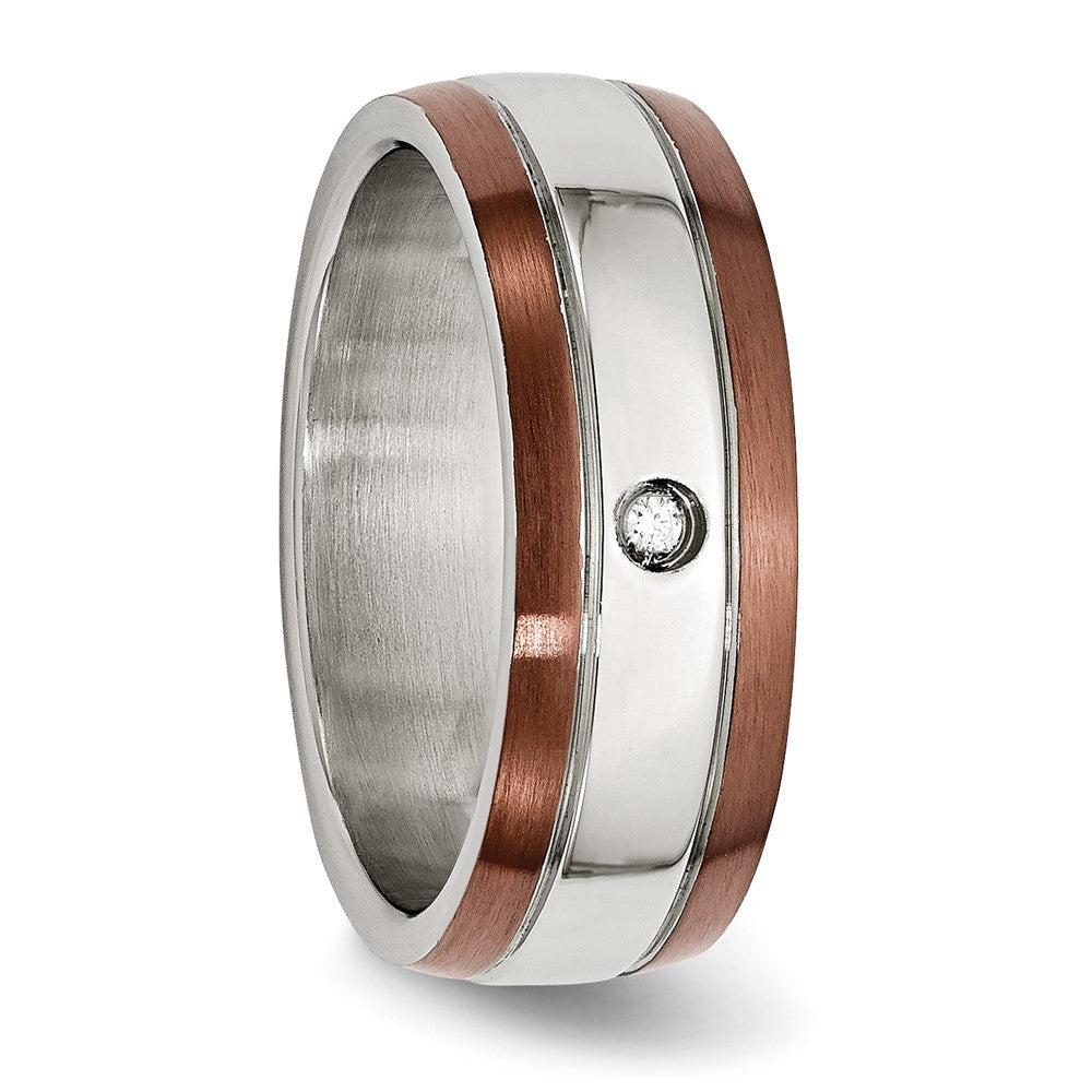 Chisel Stainless Steel Brushed/Polished Brown IP-plated Edge 1/20 carat Diamond 8mm Band