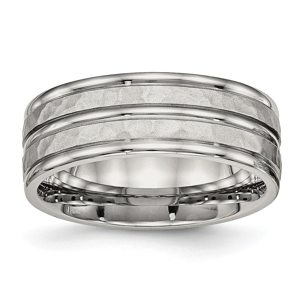 Stainless Steel Polished and Hammered 8mm Grooved Band