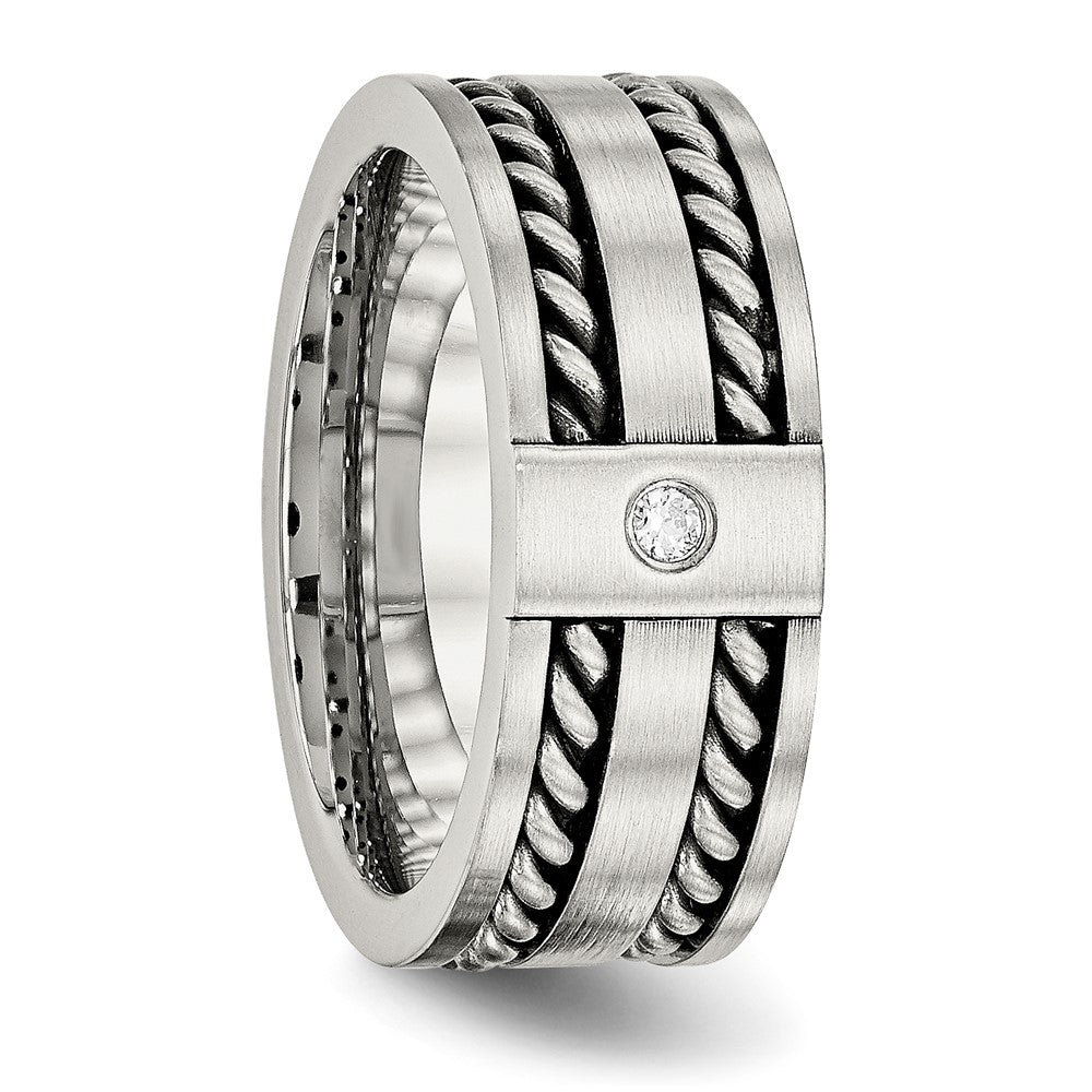 Stainless Steel Antiqued and Brushed w/CZ Twisted 9mm Flat Band