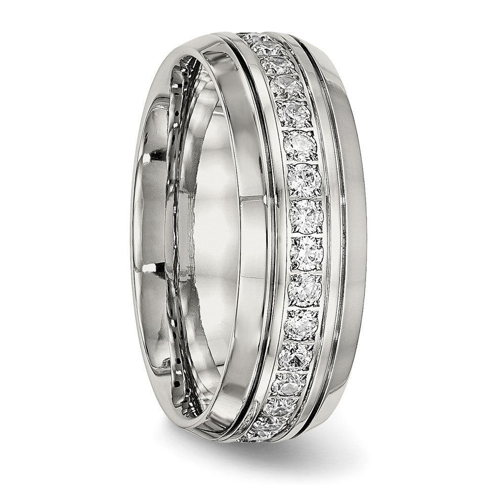 Chisel Stainless Steel Polished and Grooved with CZ 8mm Half Round Band