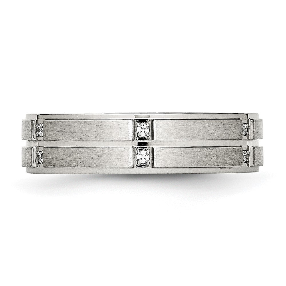 Stainless Steel Polished/Brushed Center CZ Grooved 6mm Ridged Edge Band