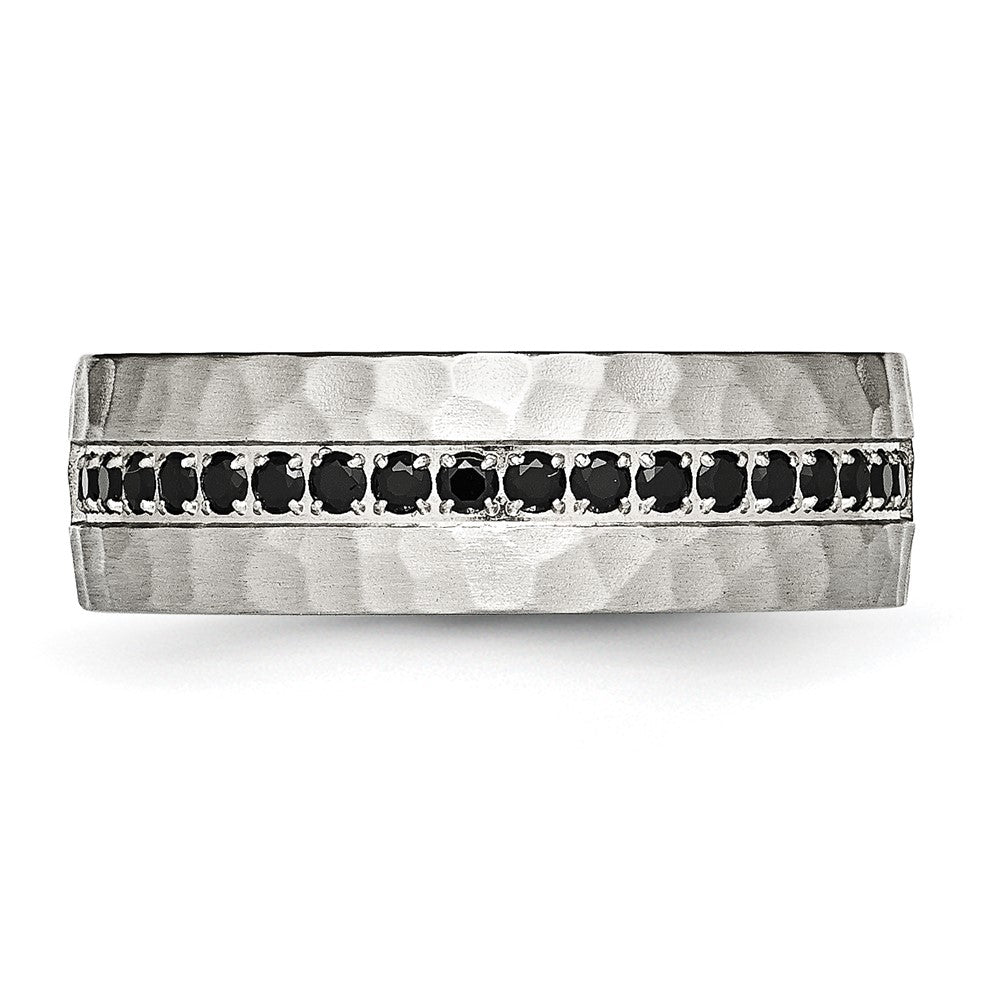 Chisel Stainless Steel Brushed and Hammered with Black CZ 7.5mm Band