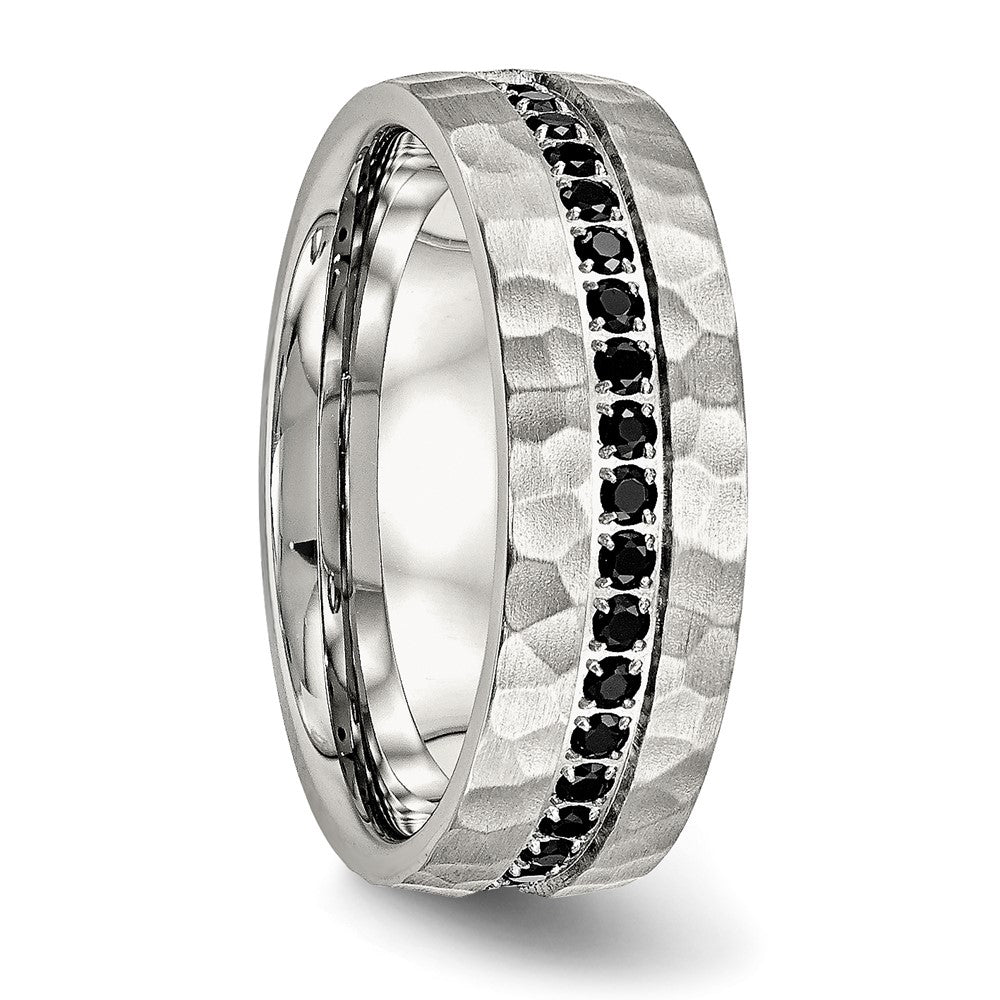 Chisel Stainless Steel Brushed and Hammered with Black CZ 7.5mm Band