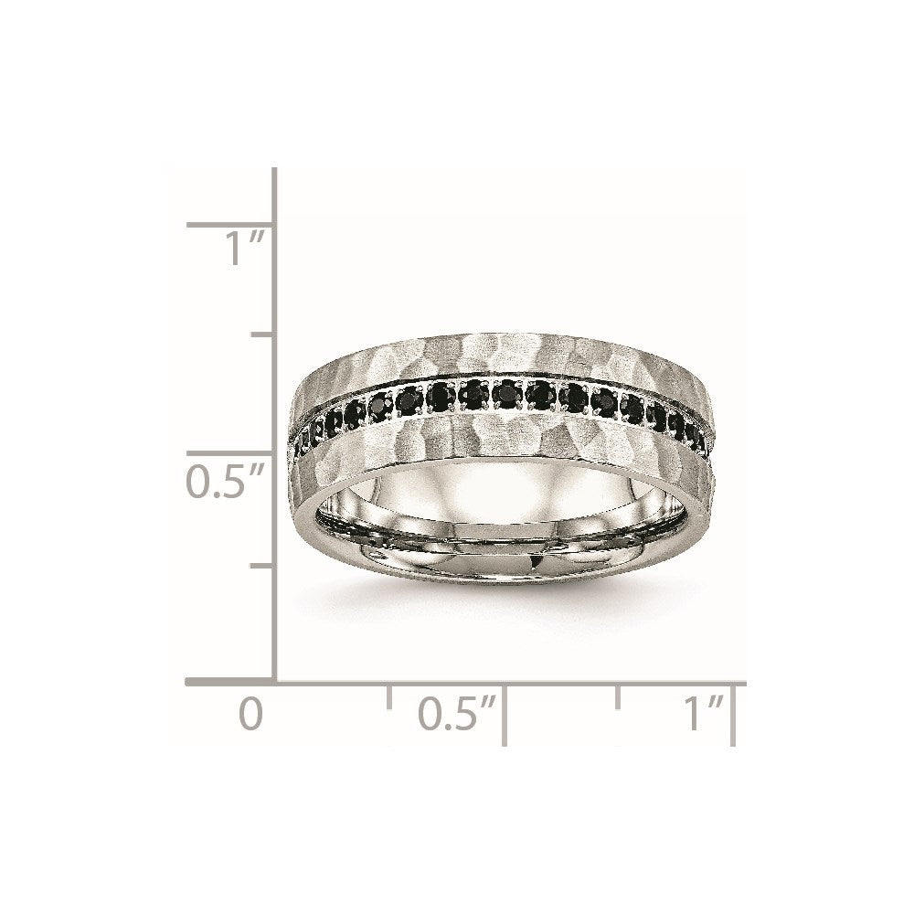 Chisel Stainless Steel Brushed and Hammered with Black CZ 7.5mm Band